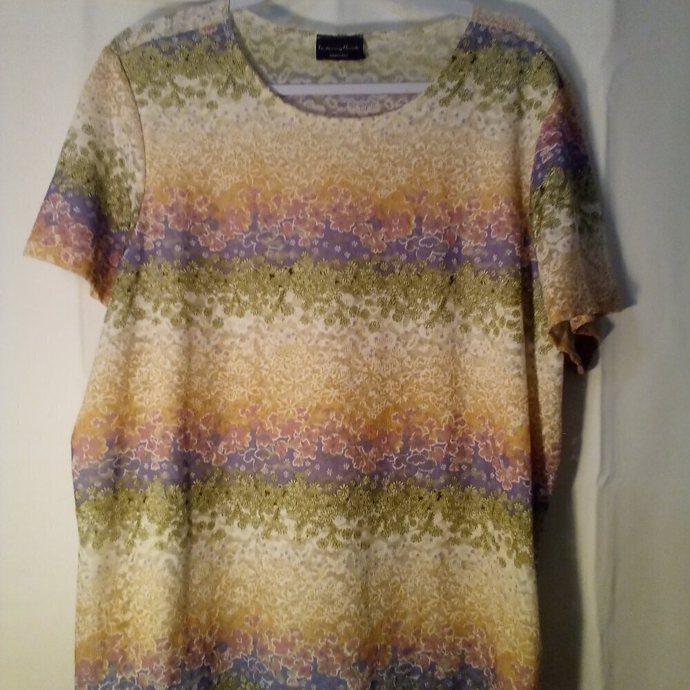 Brittany Black Blouse Women 2X Short Sleeve Lace Front Lined Floral Colorful